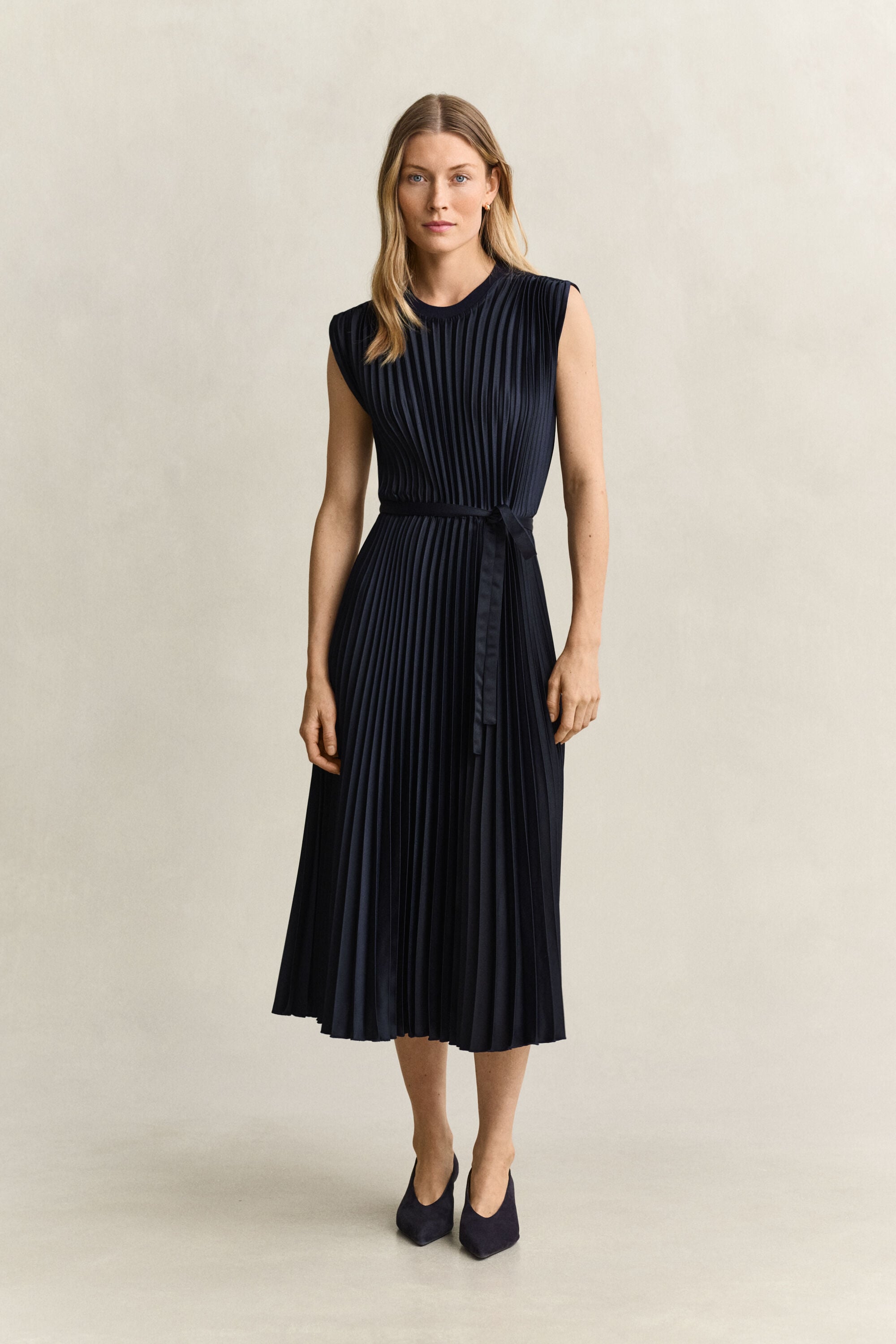 Pleated Belted Dress — EVENING BLUE