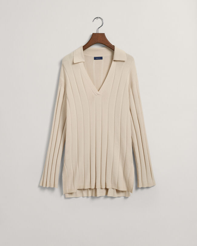 Rib Knit Open Collar Sweater