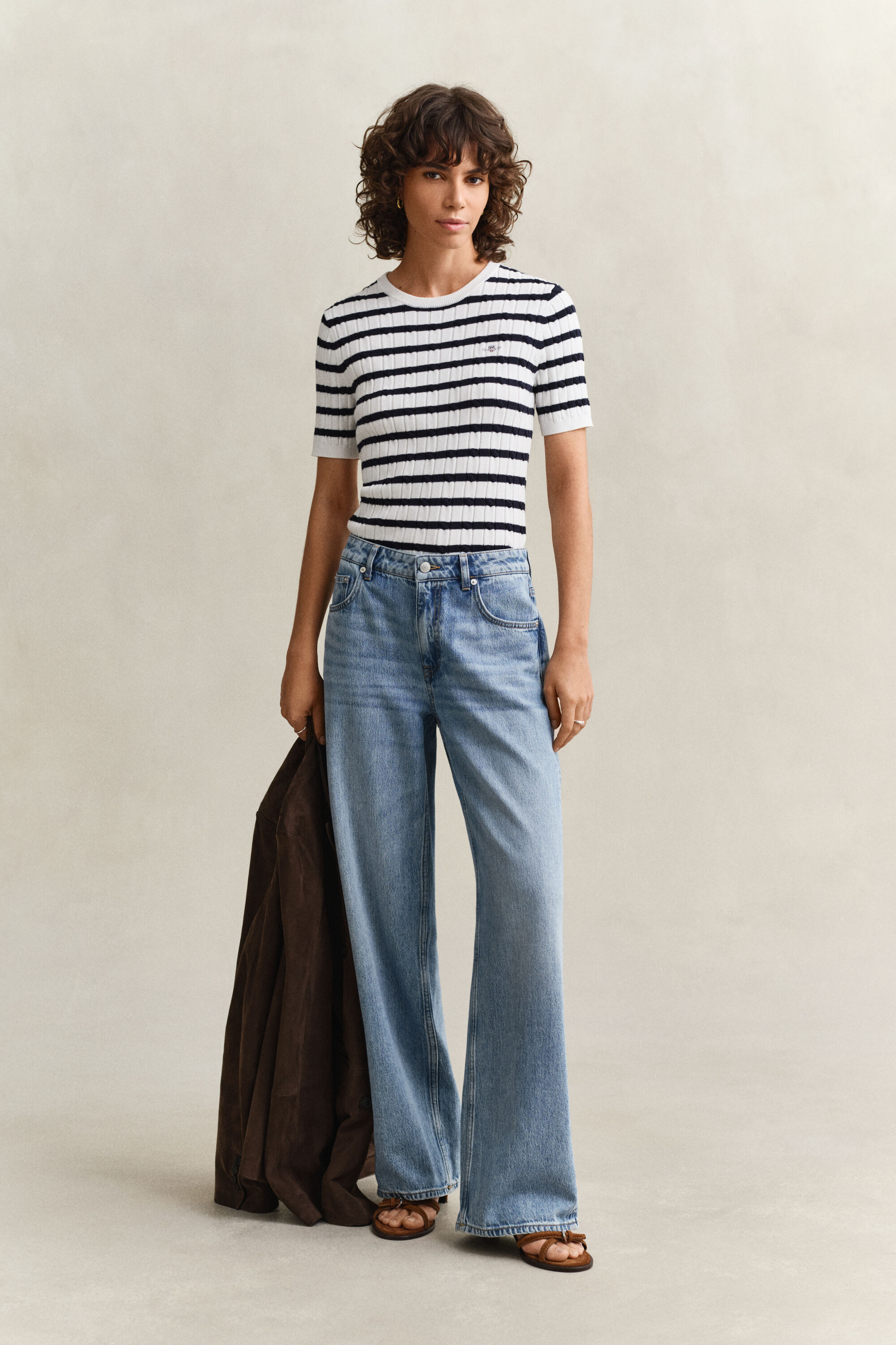 Striped Cable Knit Short Sleeve Sweater