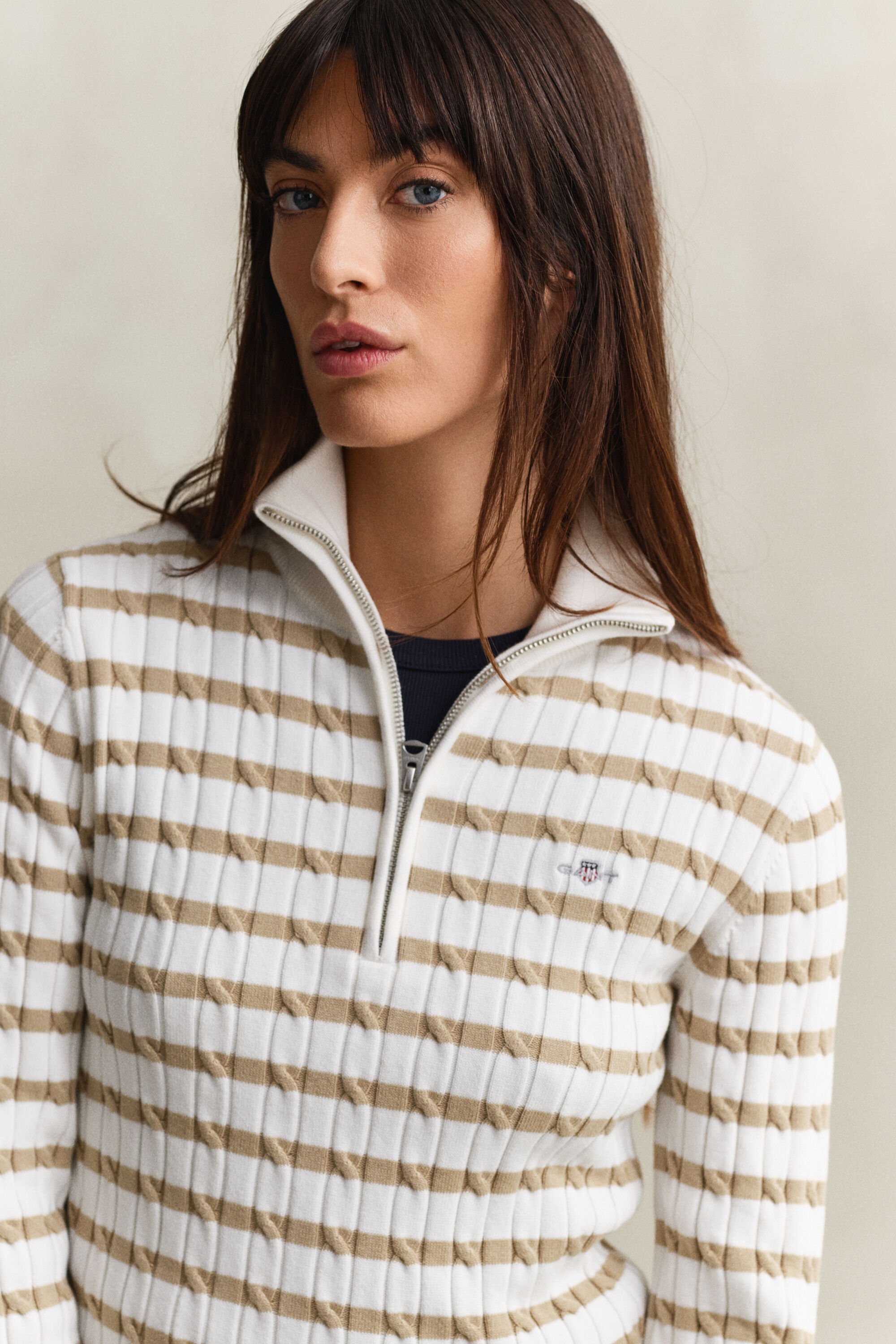 Striped Cable Knit Half-Zip Sweater