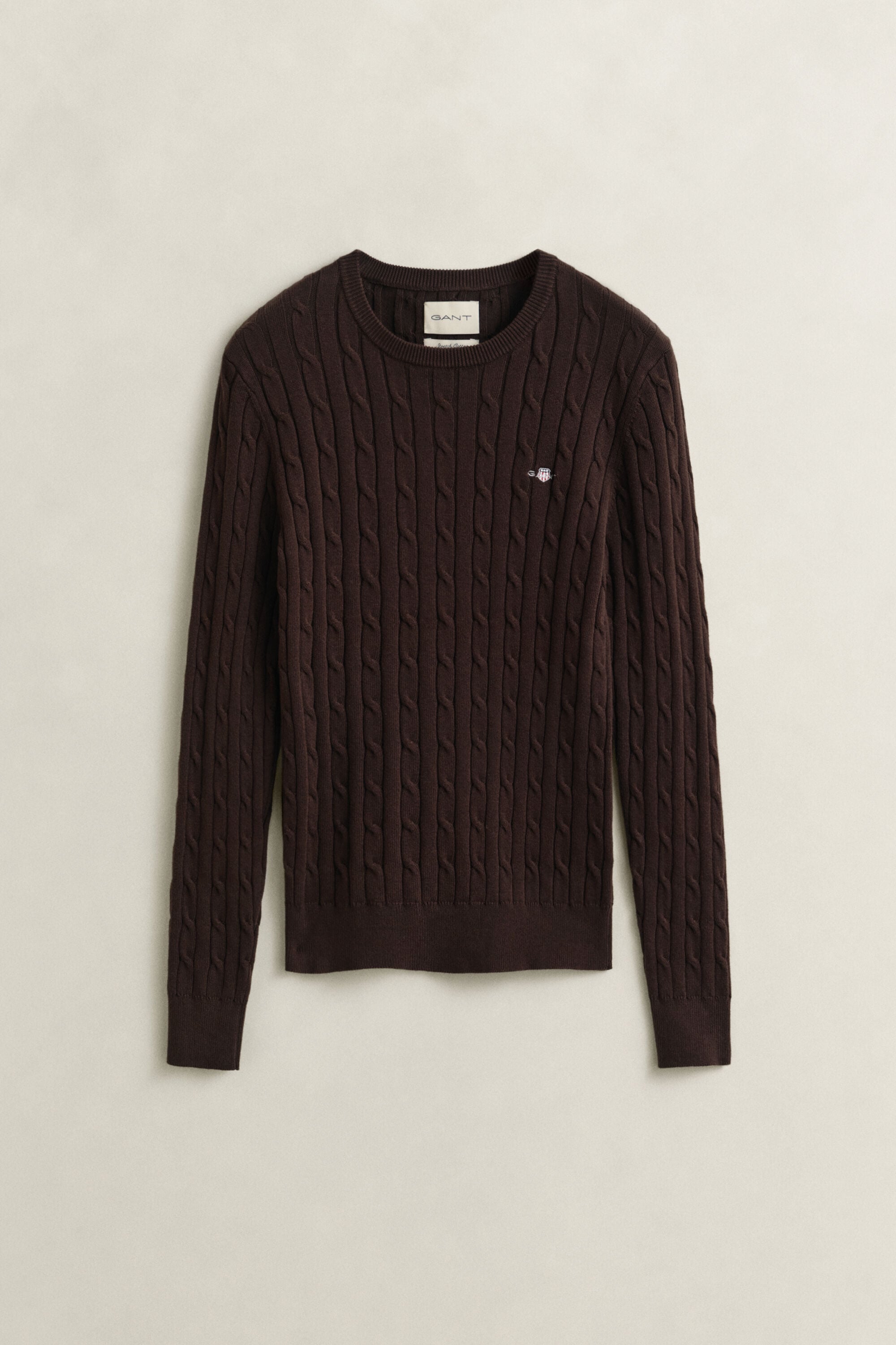 Stretch Cotton Cable Knit Crew Neck Sweater