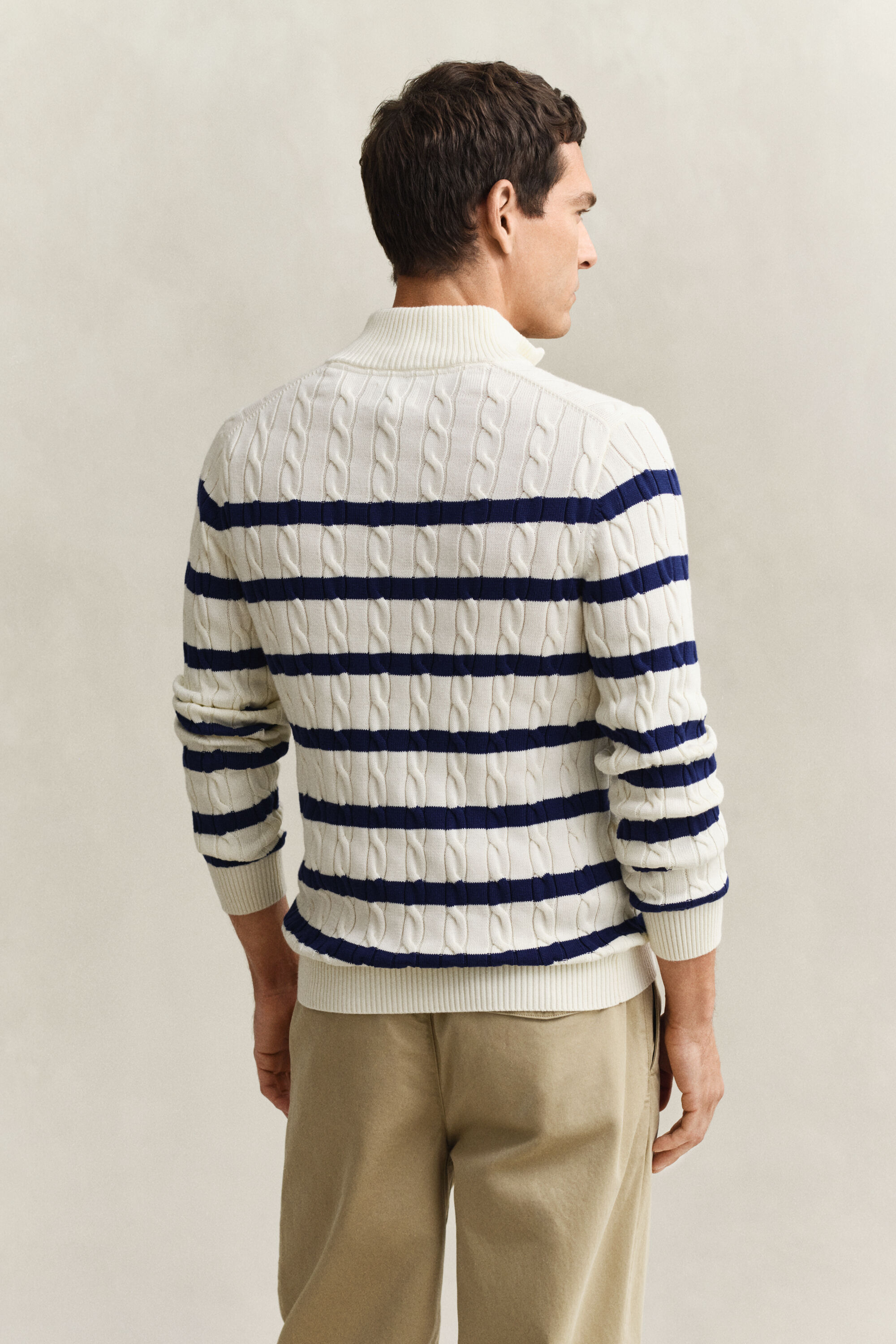 Striped Cotton Cable Knit Half-Zip Sweater