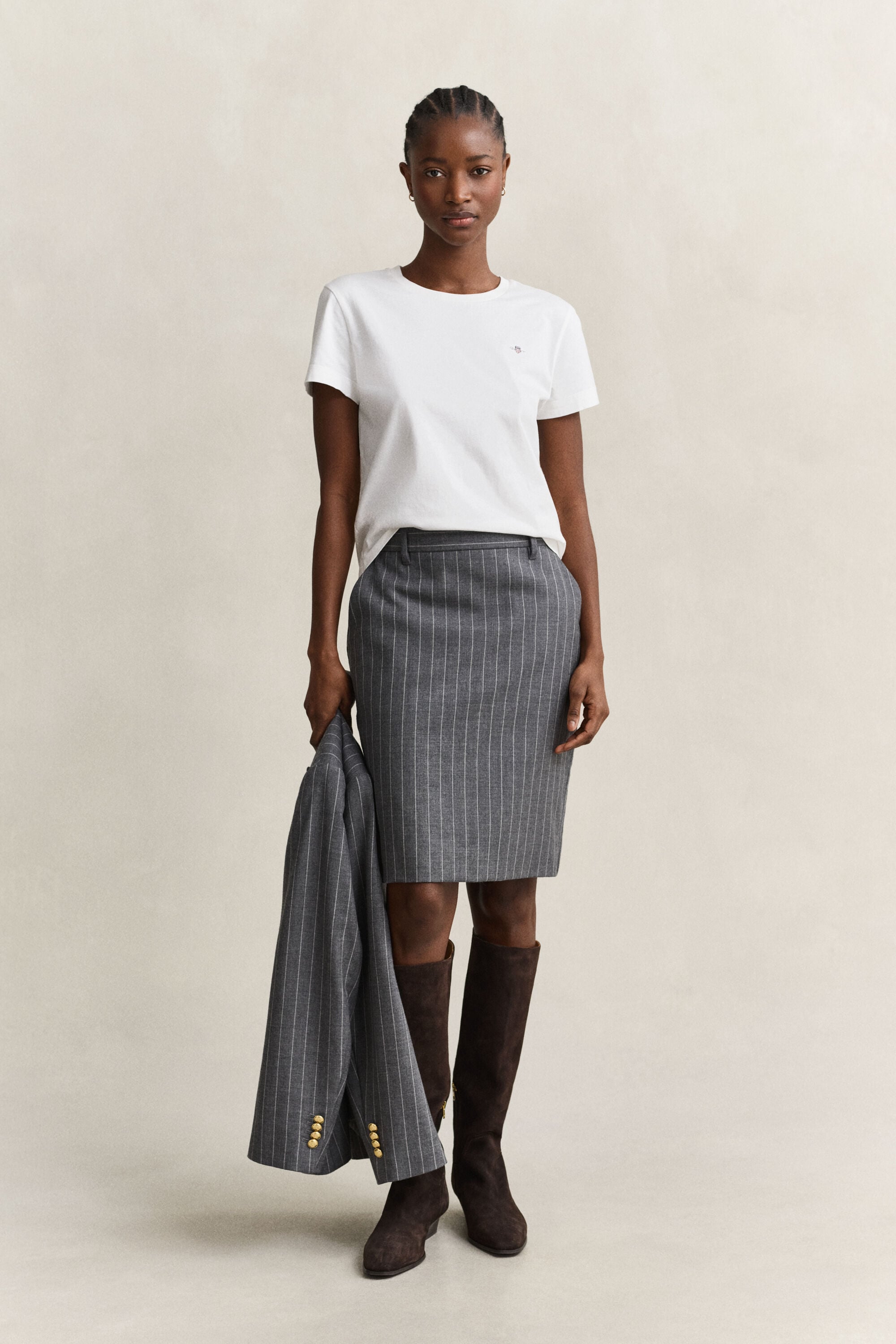 Pinstriped Wool Pencil Skirt