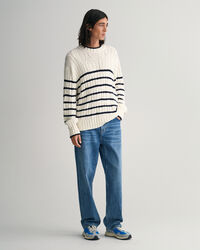 Striped Cable Knit Crew Neck Sweater