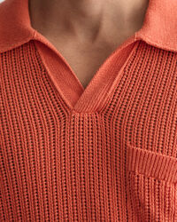 Ribbed Linen Blend Short Sleeve Polo Sweater