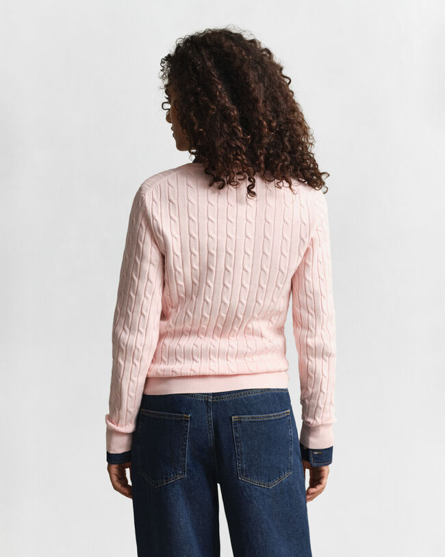 Stretch Cotton Cable Knit V-Neck Sweater