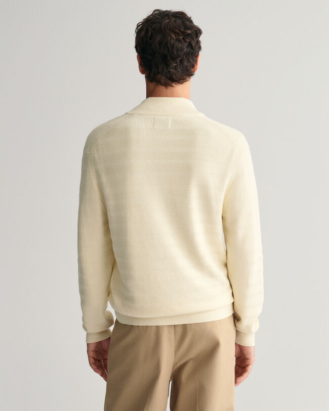 Striped Textured Cotton Half-Zip Sweater