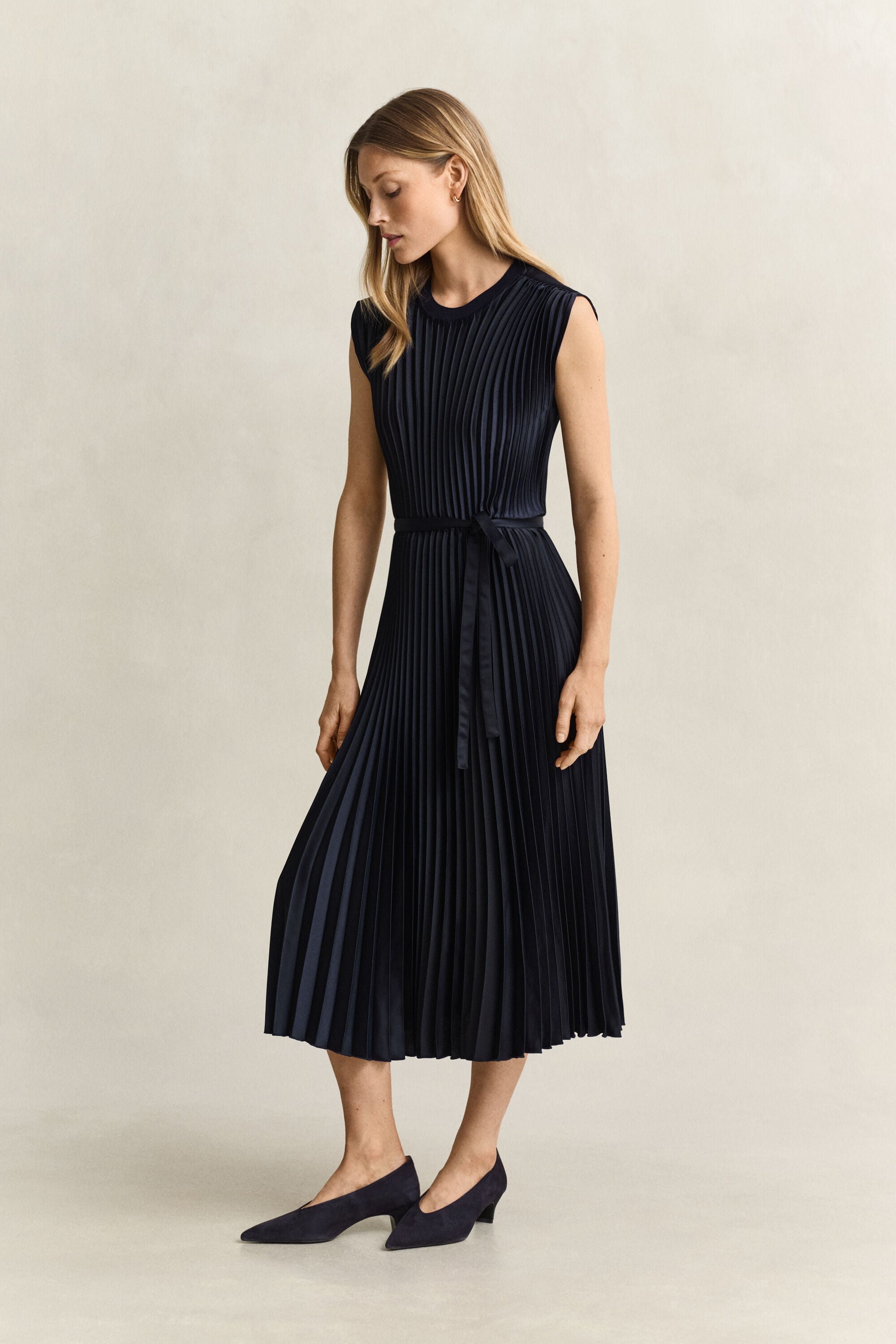 Pleated Belted Dress — EVENING BLUE