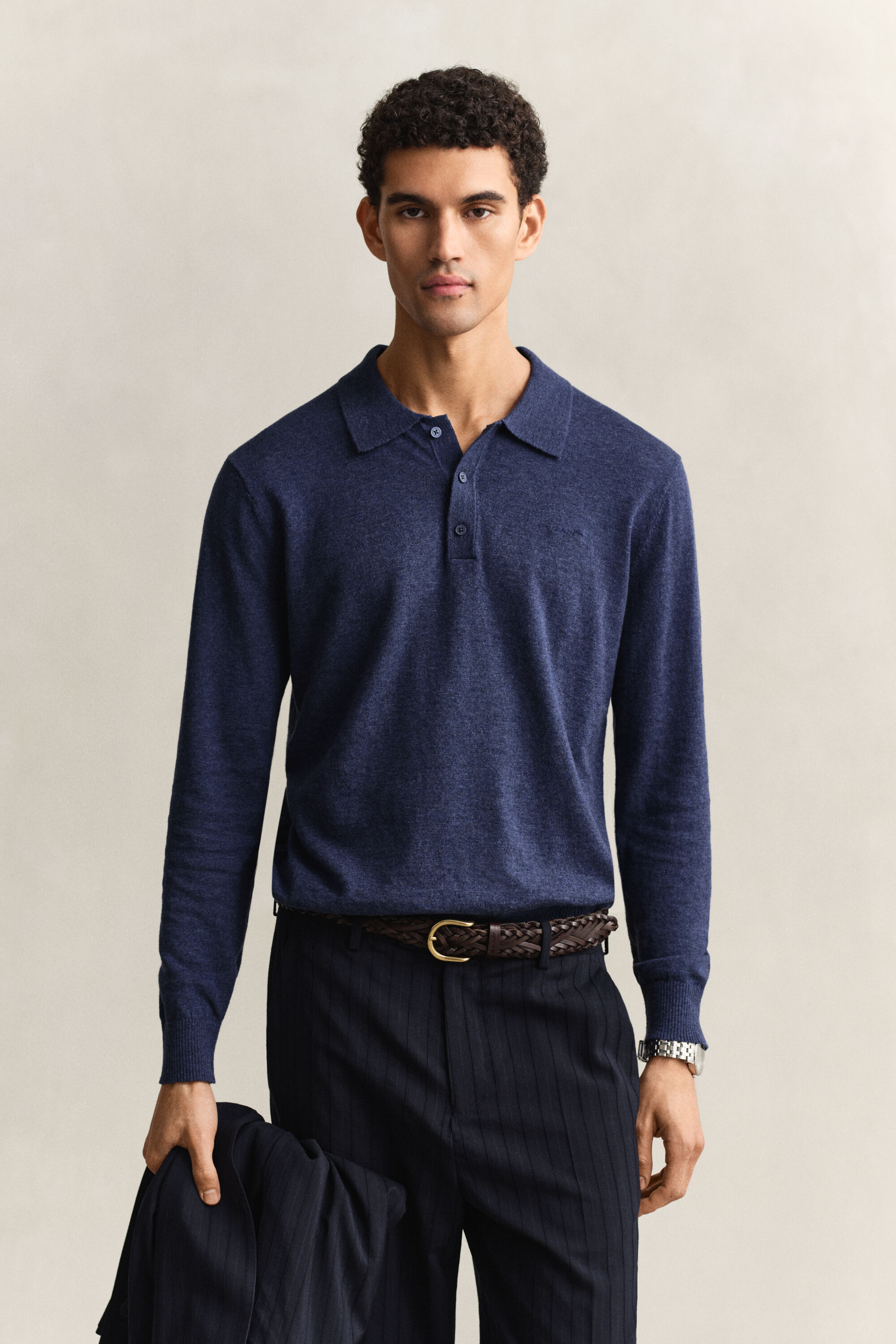 Slub Cotton Blend Polo Sweater