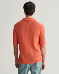 Ribbed Linen Blend Short Sleeve Polo Sweater