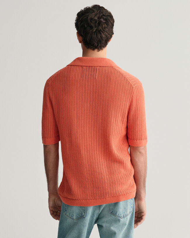 Ribbed Linen Blend Short Sleeve Polo Sweater