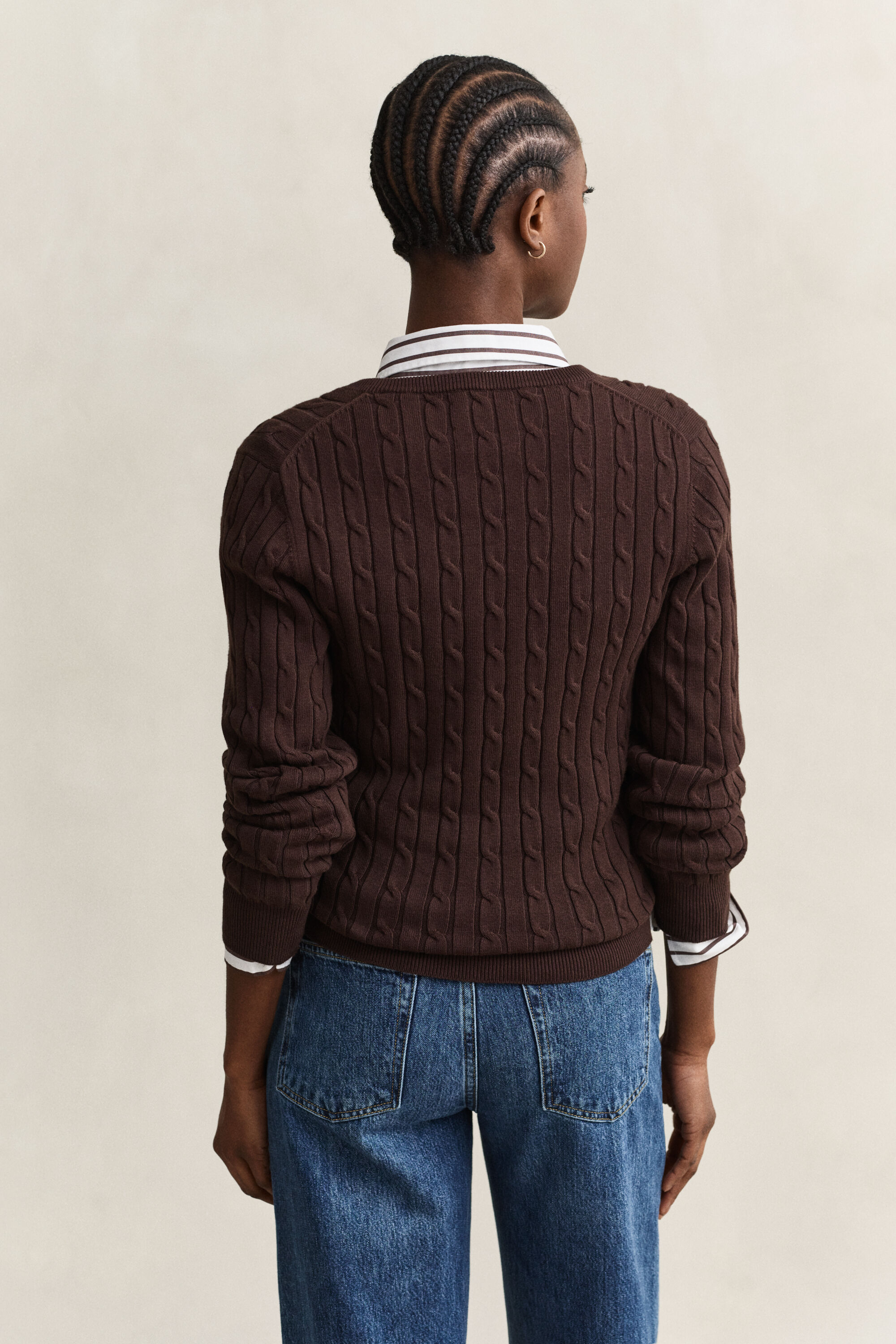 Stretch Cotton Cable Knit V-Neck Sweater