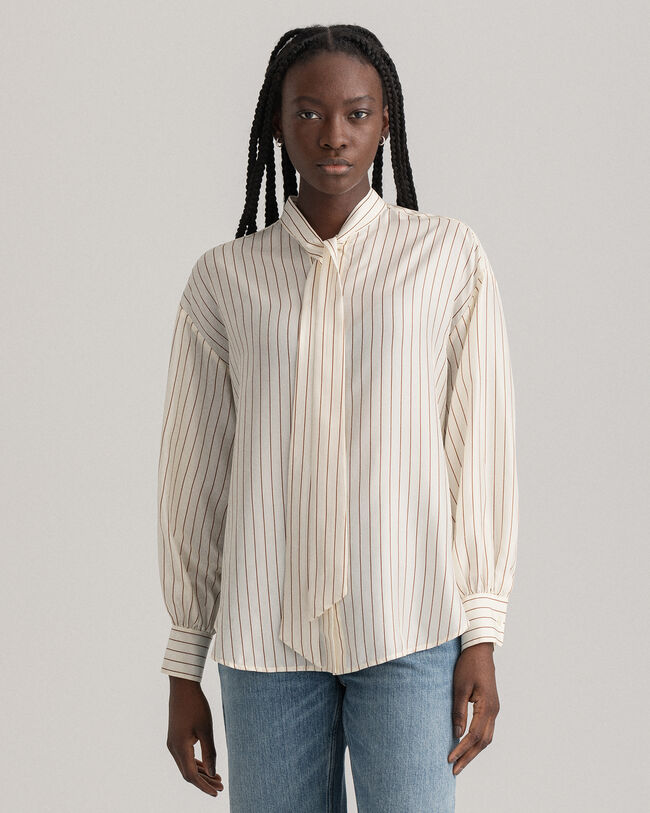 Pinstripe Bow Silk Shirt