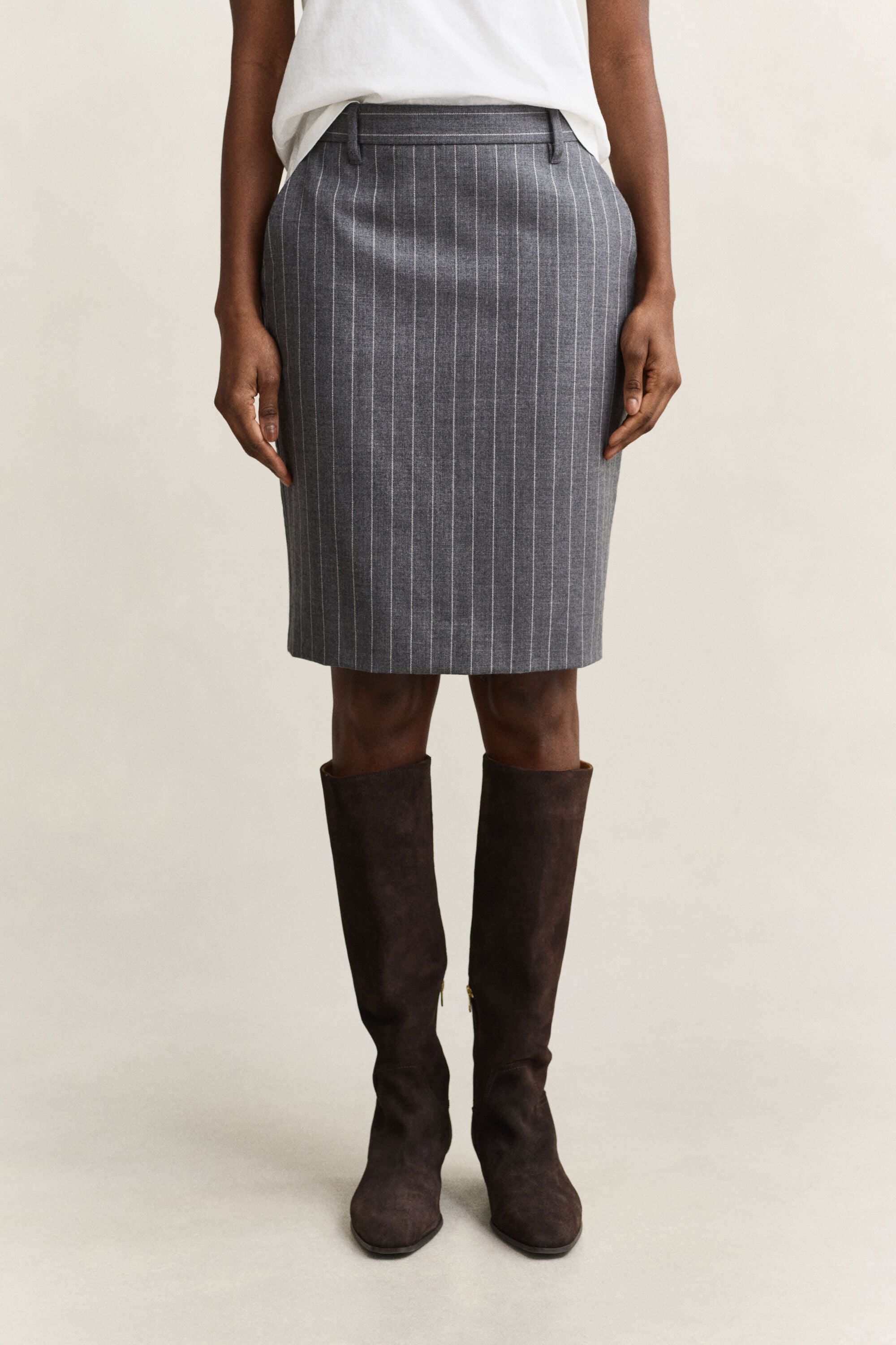 Pinstriped Wool Pencil Skirt