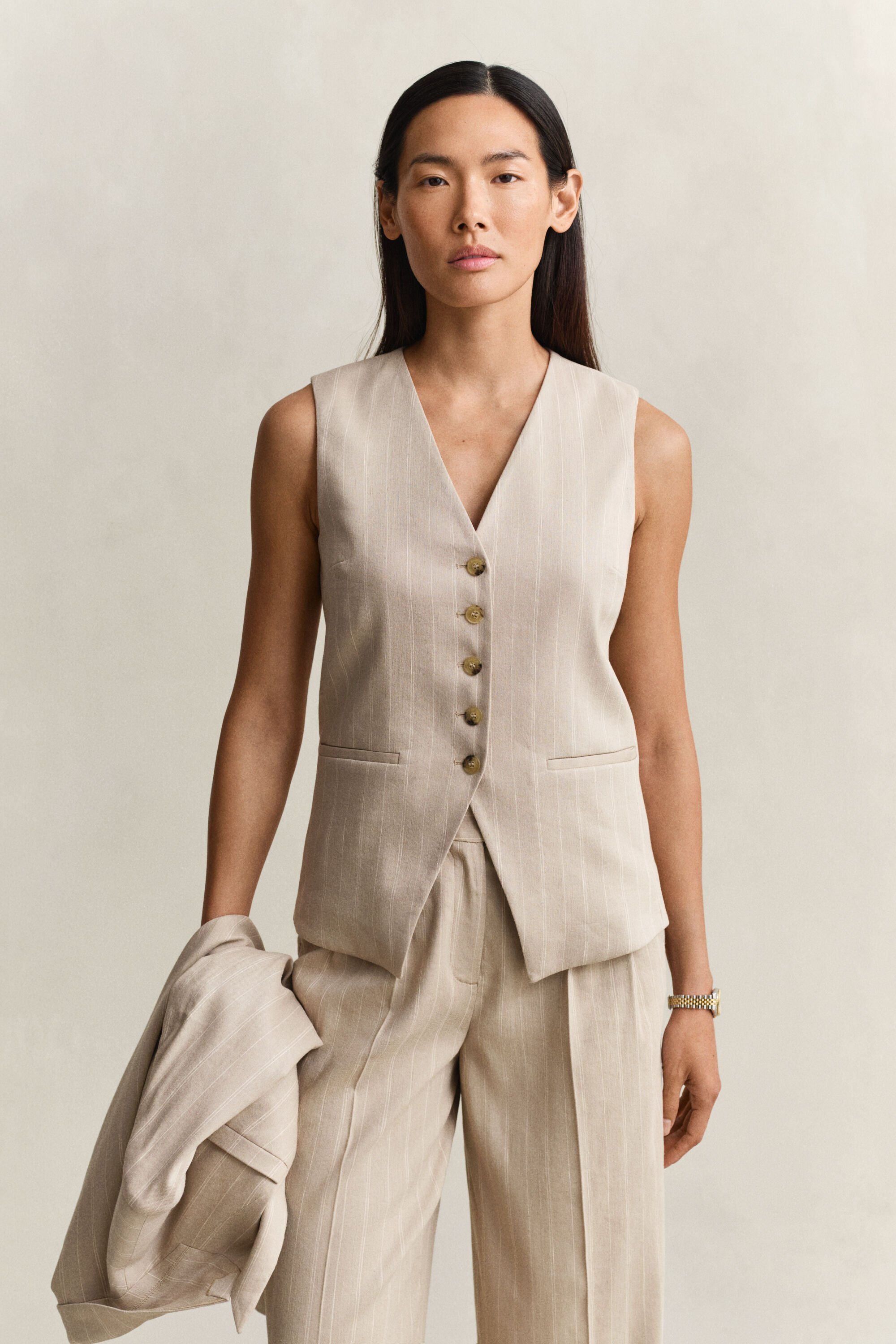 Pinstriped Linen Blend Vest