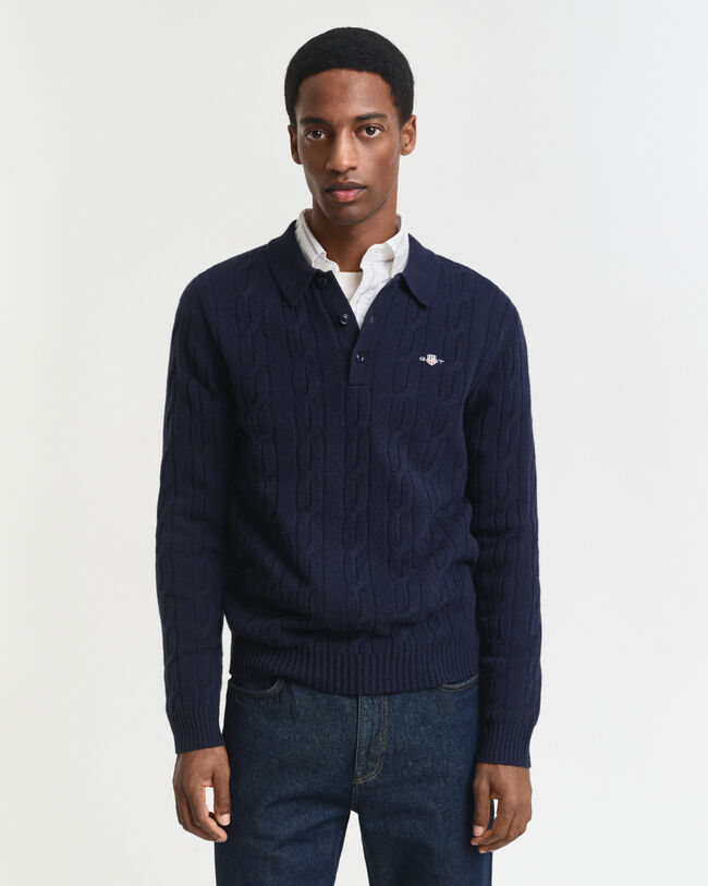 Lambswool Cable Knit Polo Sweater