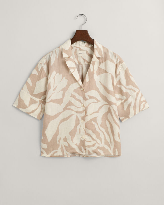 Relaxed Fit Palm Print Linen Short Sleeve Shirt