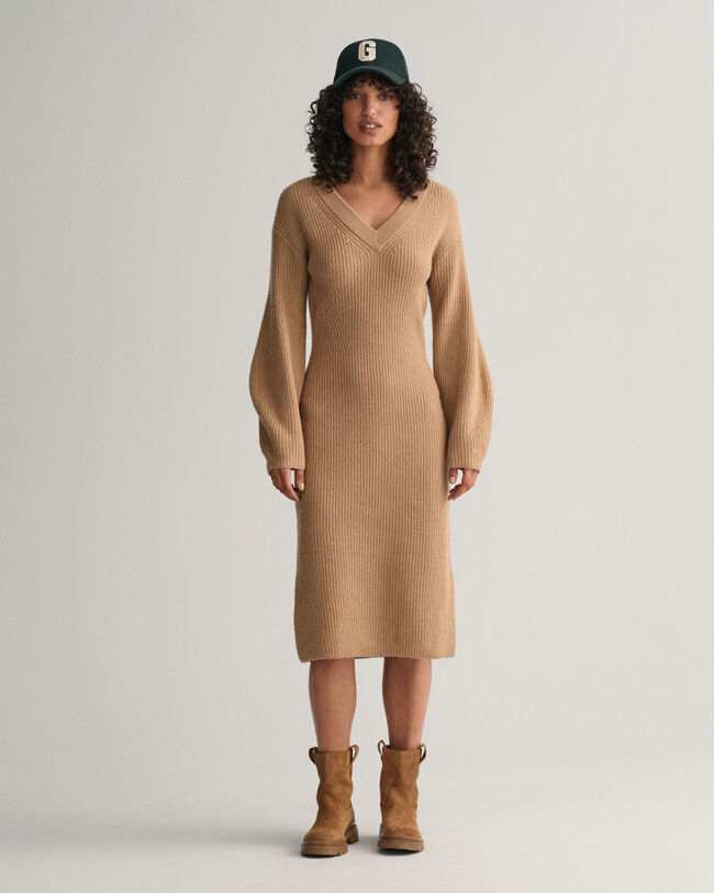 Ribbed Wool V-Neck Dress