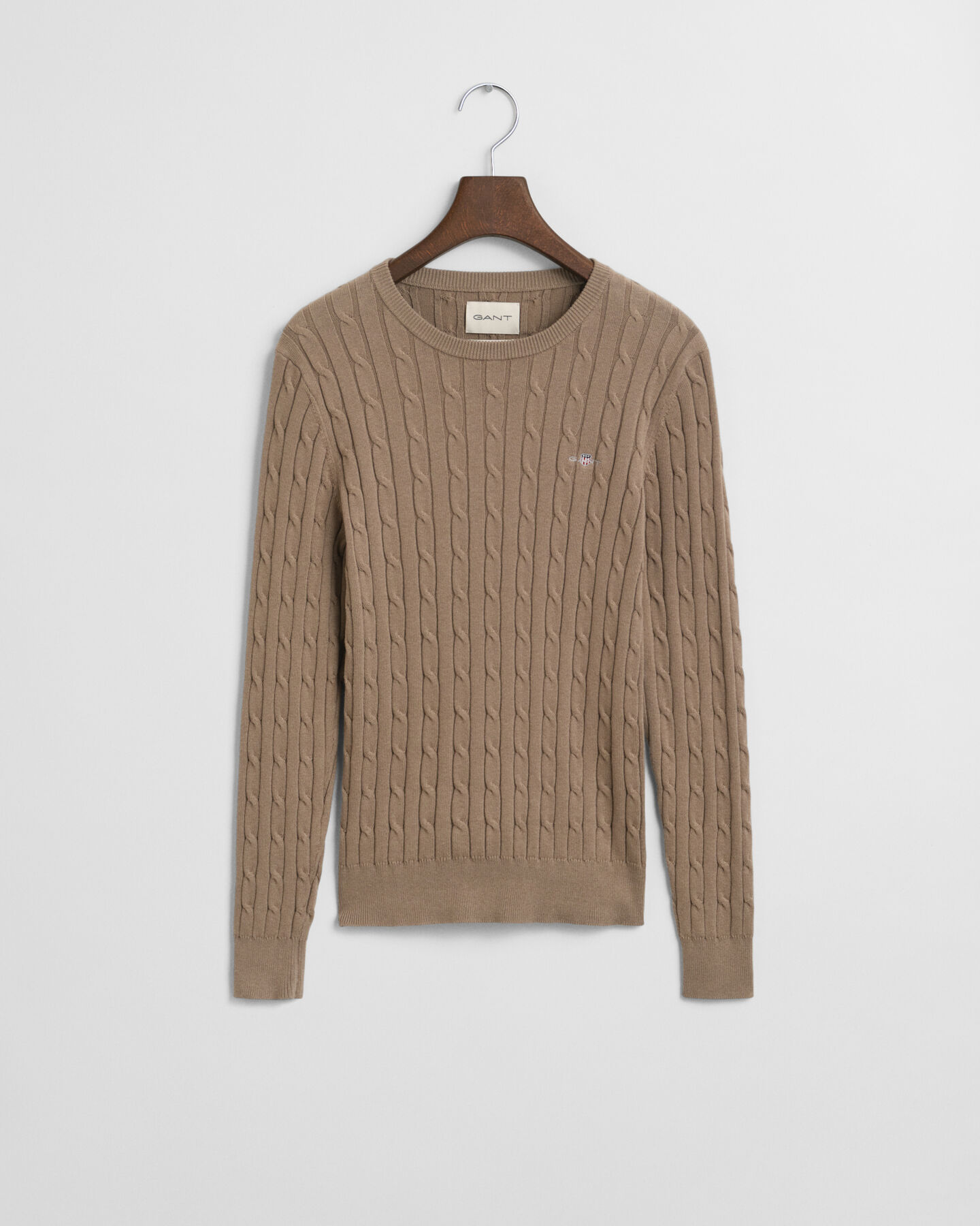 Stretch Cotton Cable Knit Crew Neck Sweater