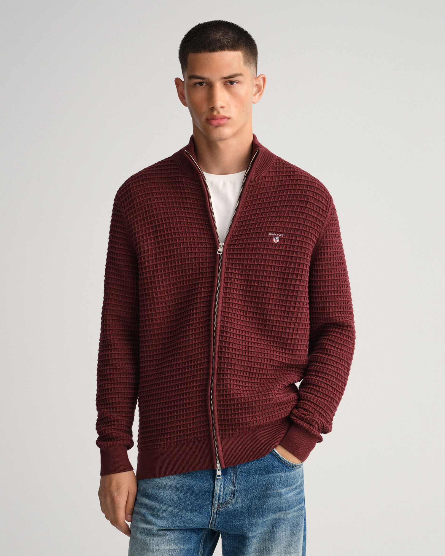 Cotton Texture Full-Zip Sweater - GANT