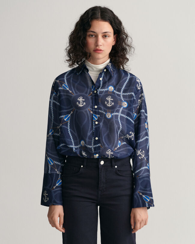 Relaxed Fit Sailing Print Cotton Silk Blouse