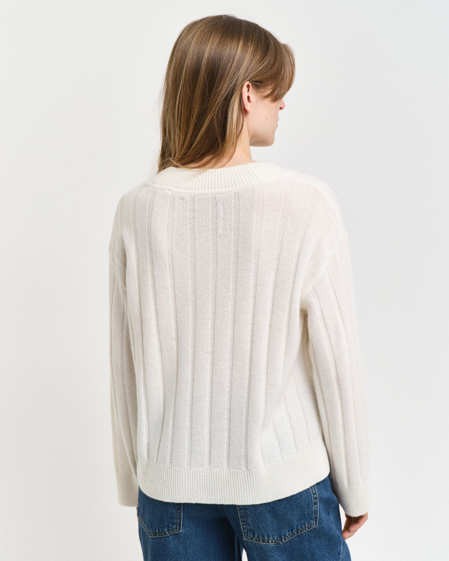 Wide Ribbed Wool V-Neck Sweater