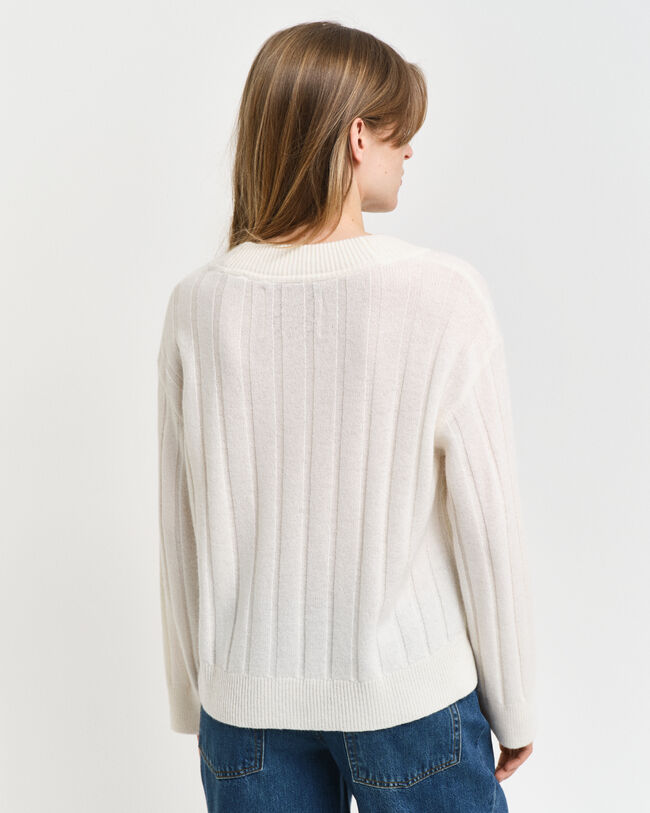 Wide Ribbed Wool V-Neck Sweater