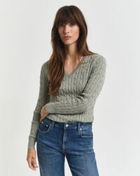 Stretch Cotton Cable Knit V-Neck Sweater
