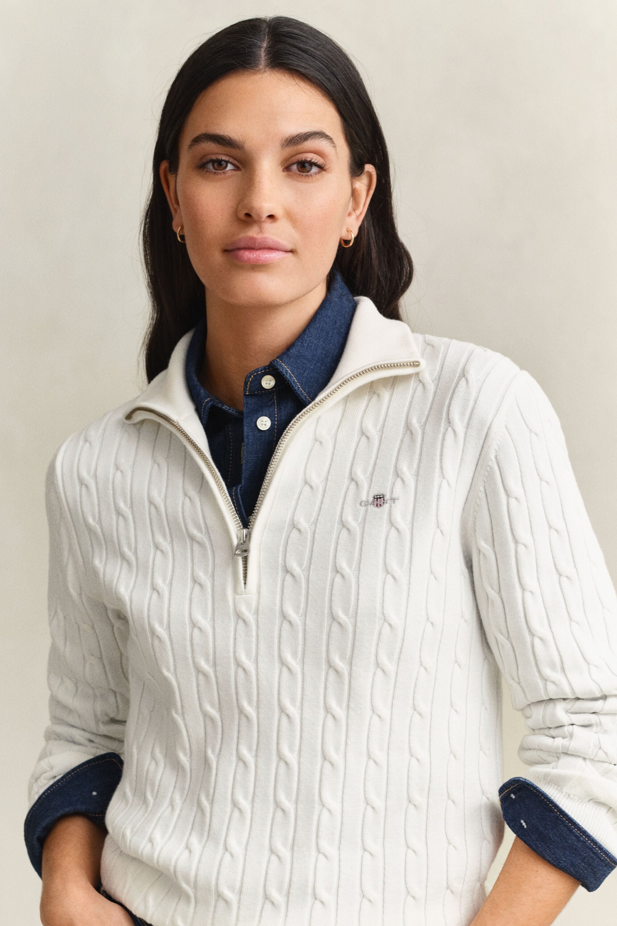 Stretch Cable Knit Half-Zip Sweater