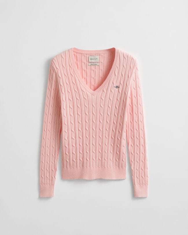Stretch Cotton Cable Knit V-Neck Sweater