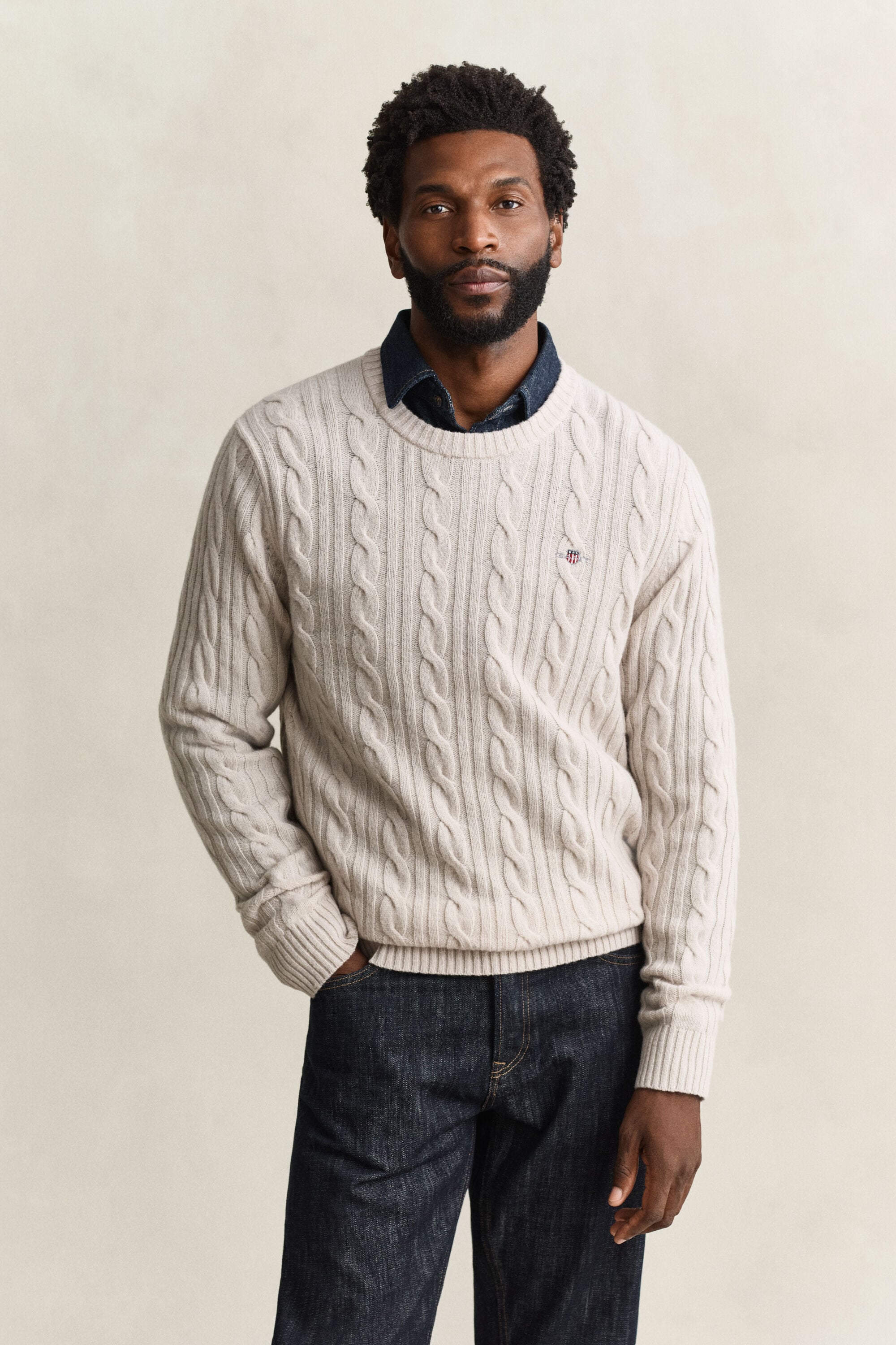 Lambswool Cable Knit Crew Neck Sweater