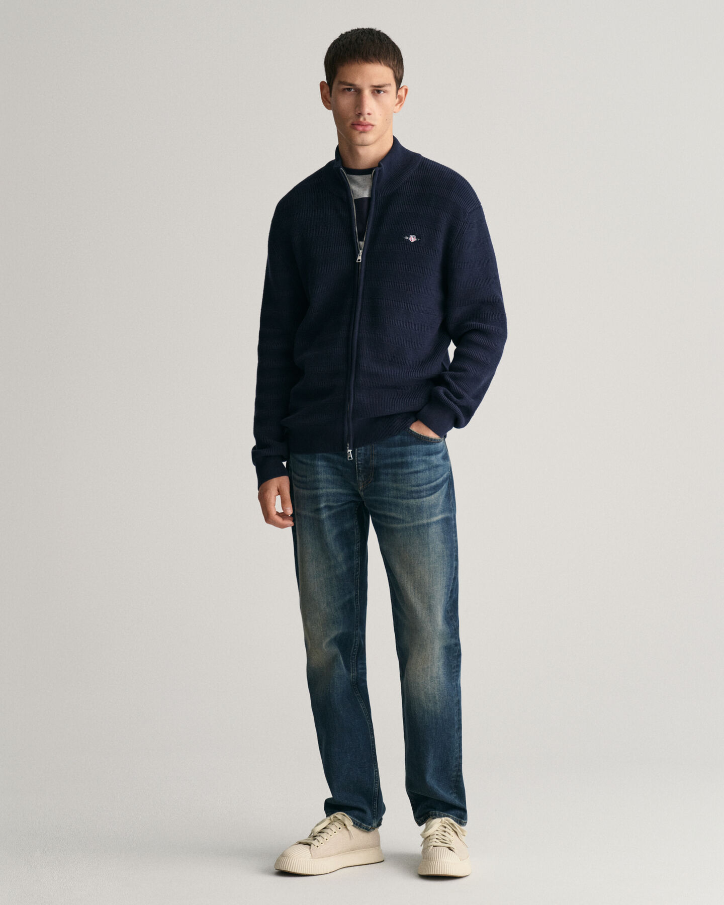 Striped Textured Cotton Zip Cardigan