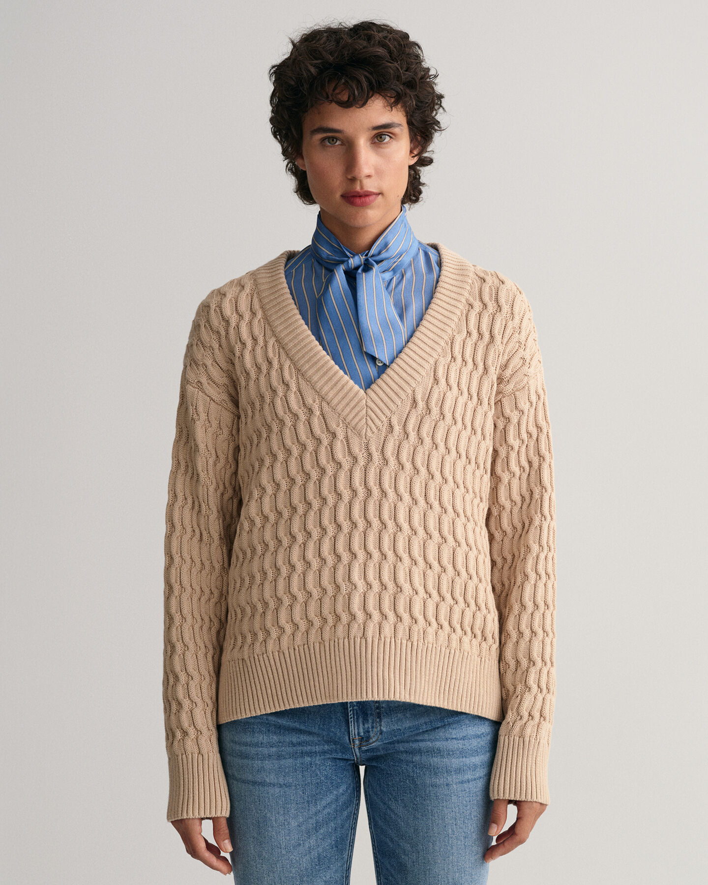 Textured Cotton V-Neck Sweater