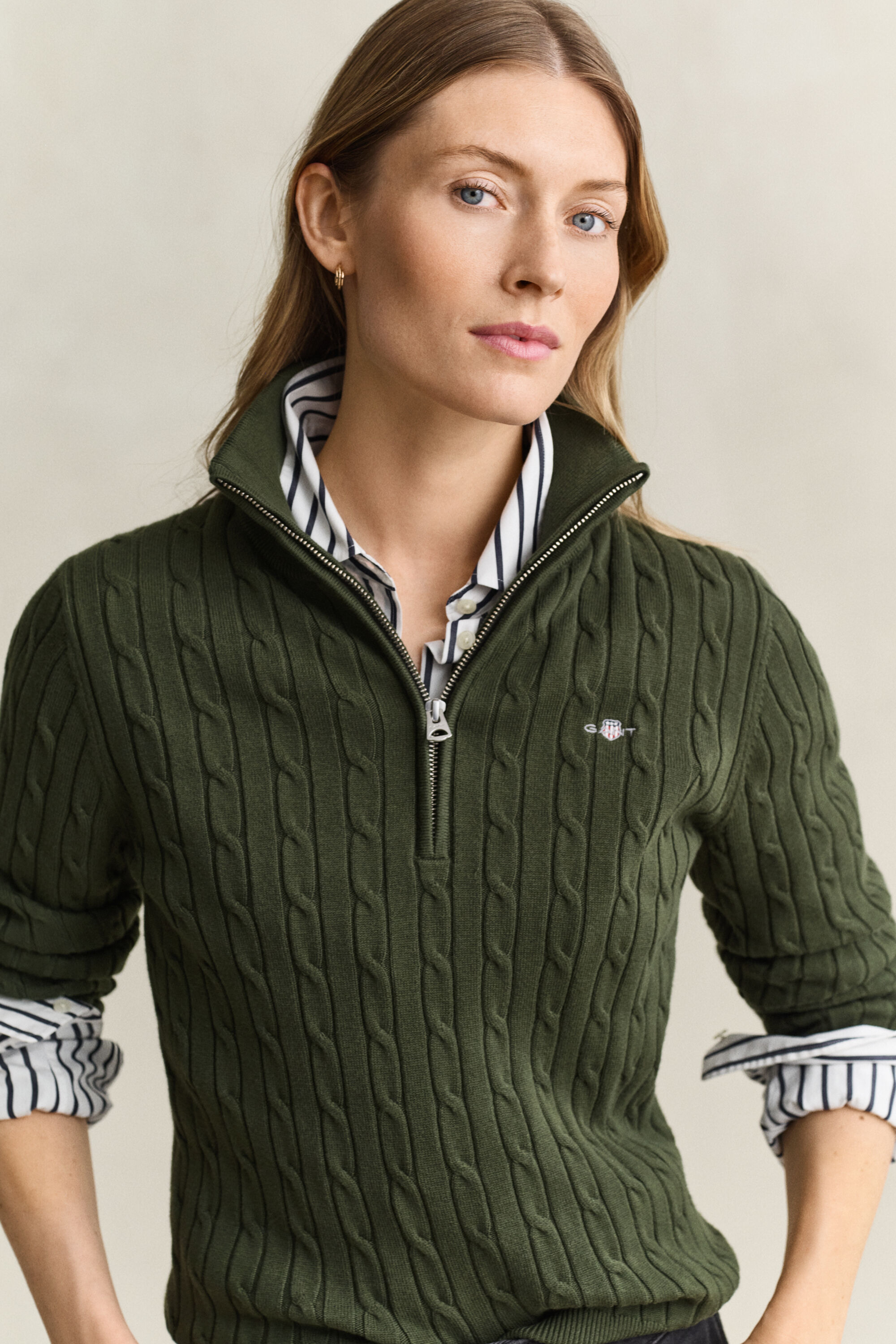 Stretch Cable Knit Half-Zip Sweater — MOSSY GREEN