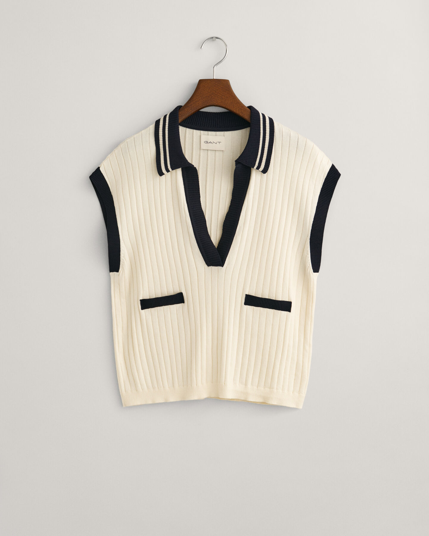 Ribbed Knit Sleeveless Polo Sweater