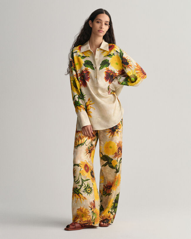 Sunflower Print Wide Leg Silk Pants