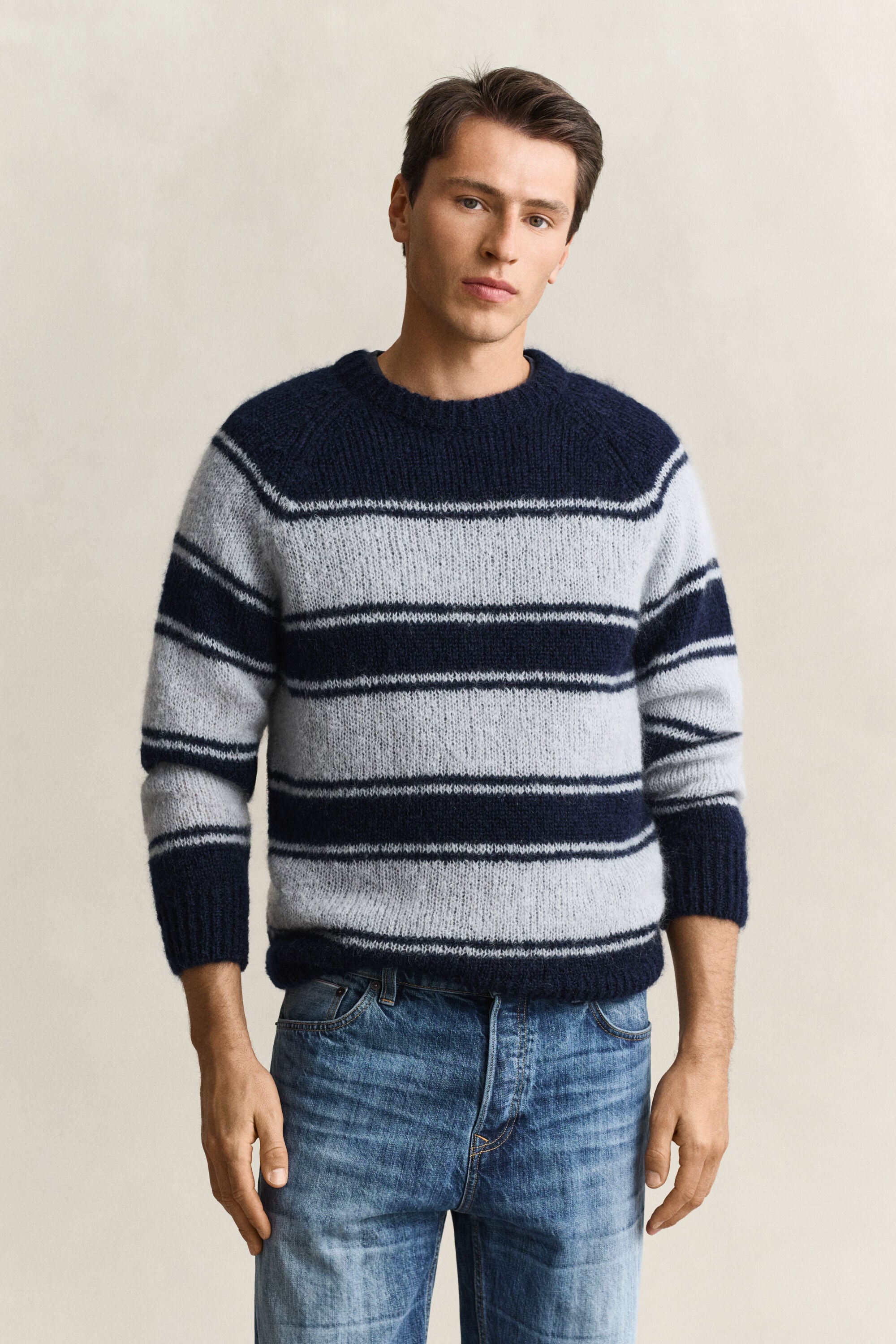 Striped Mohair Blend Crew Neck Sweater