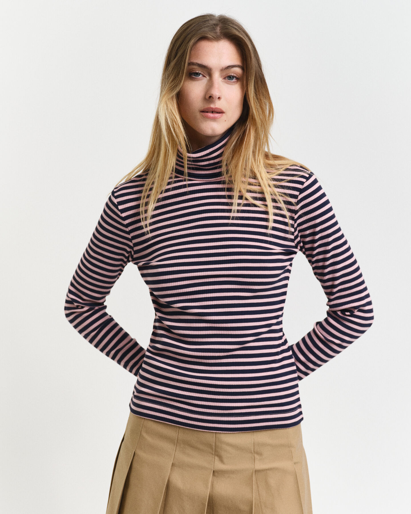 Striped Rib Long Sleeve Turtleneck Top