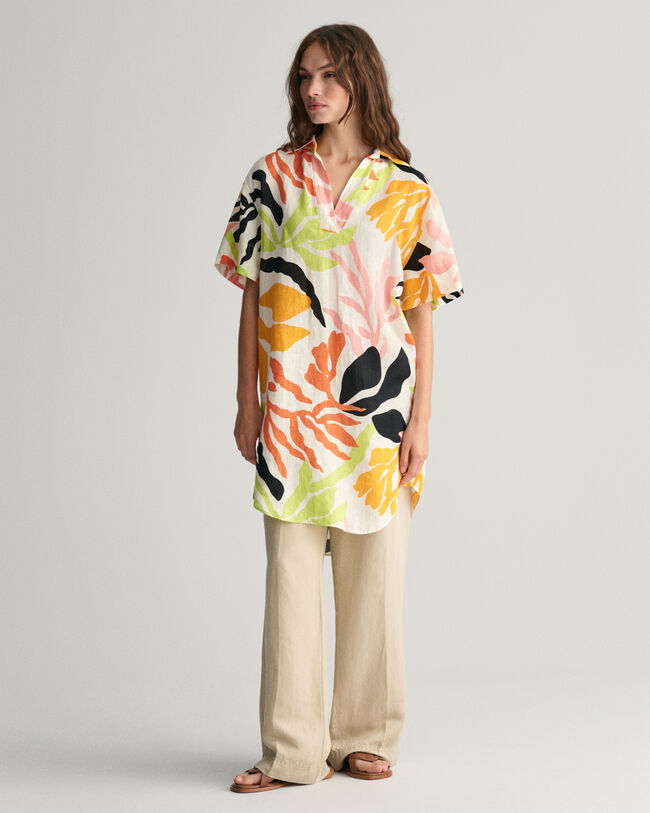Palm Print Linen Short Sleeve Caftan