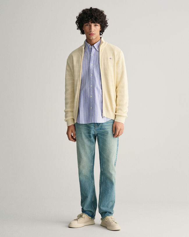 Striped Textured Cotton Zip Cardigan