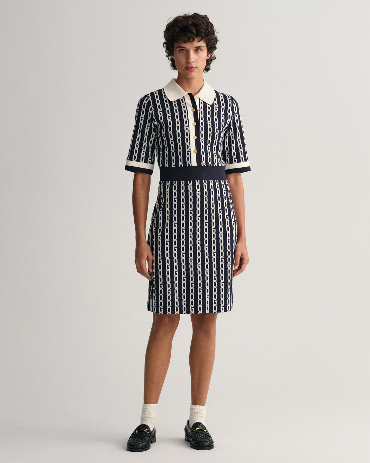 Chain Jacquard Mid Sleeve Polo Dress