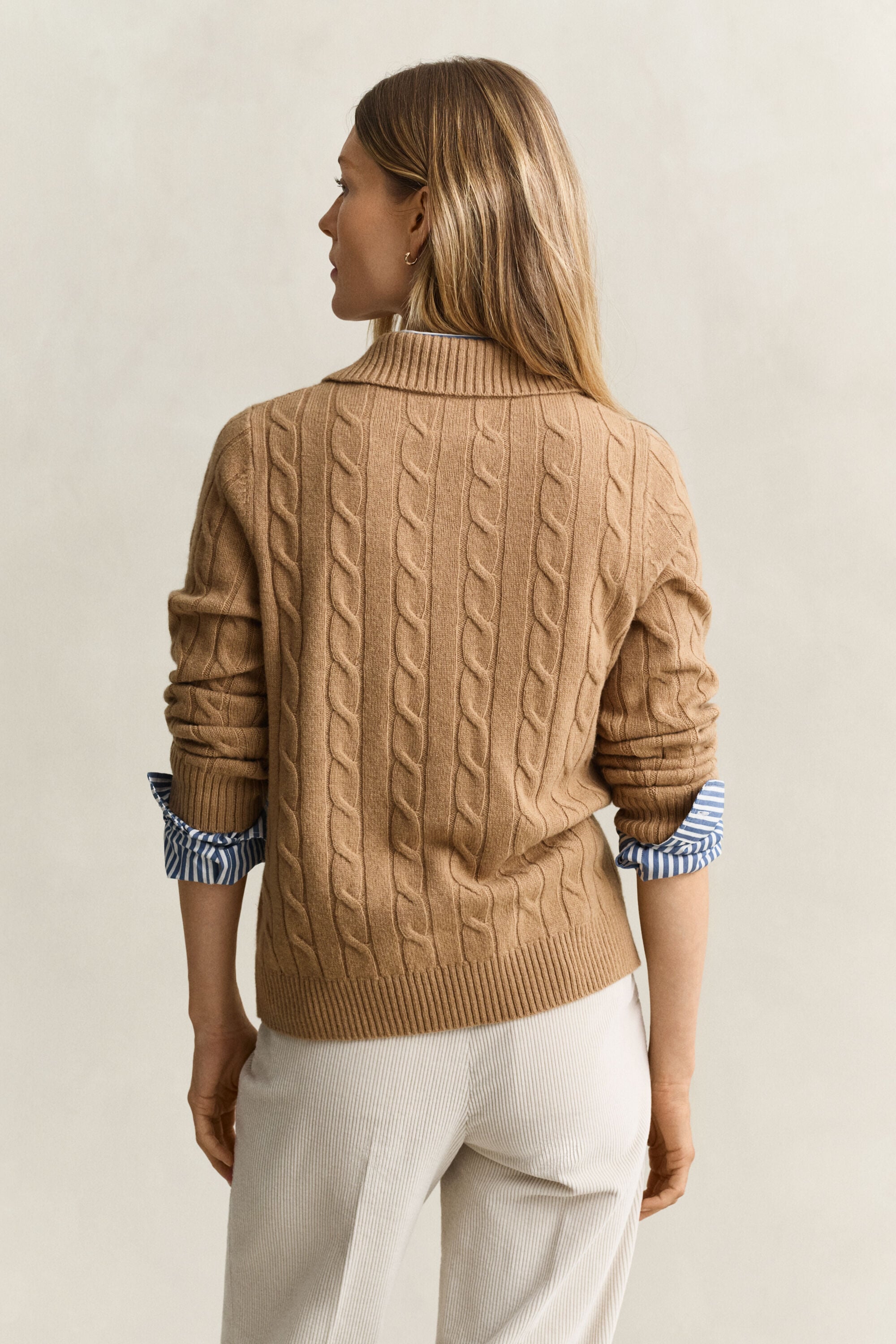 Lambswool Cable Knit Rugger — WARM KHAKI