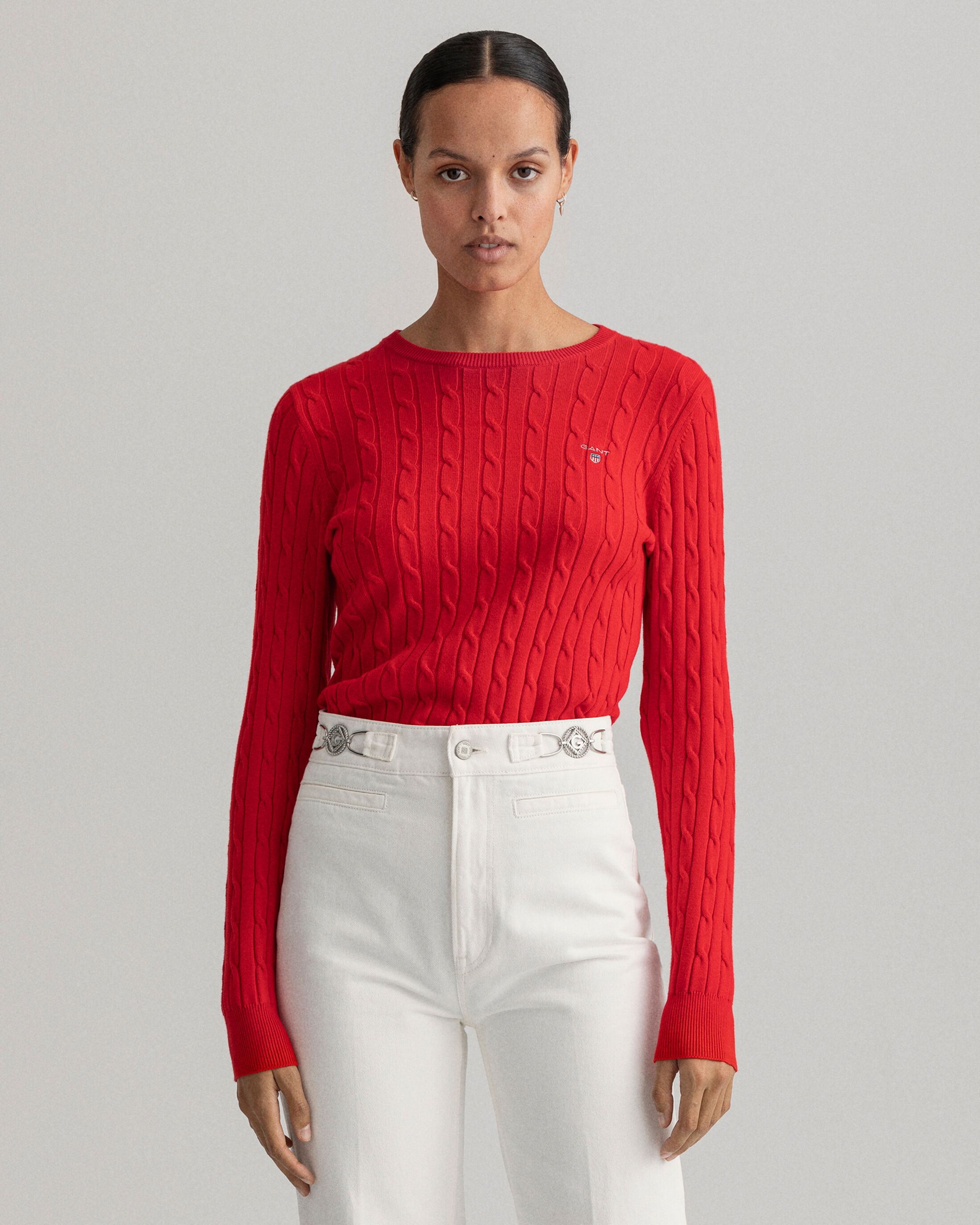  Stretch Cotton Cable Crew Neck Sweater 