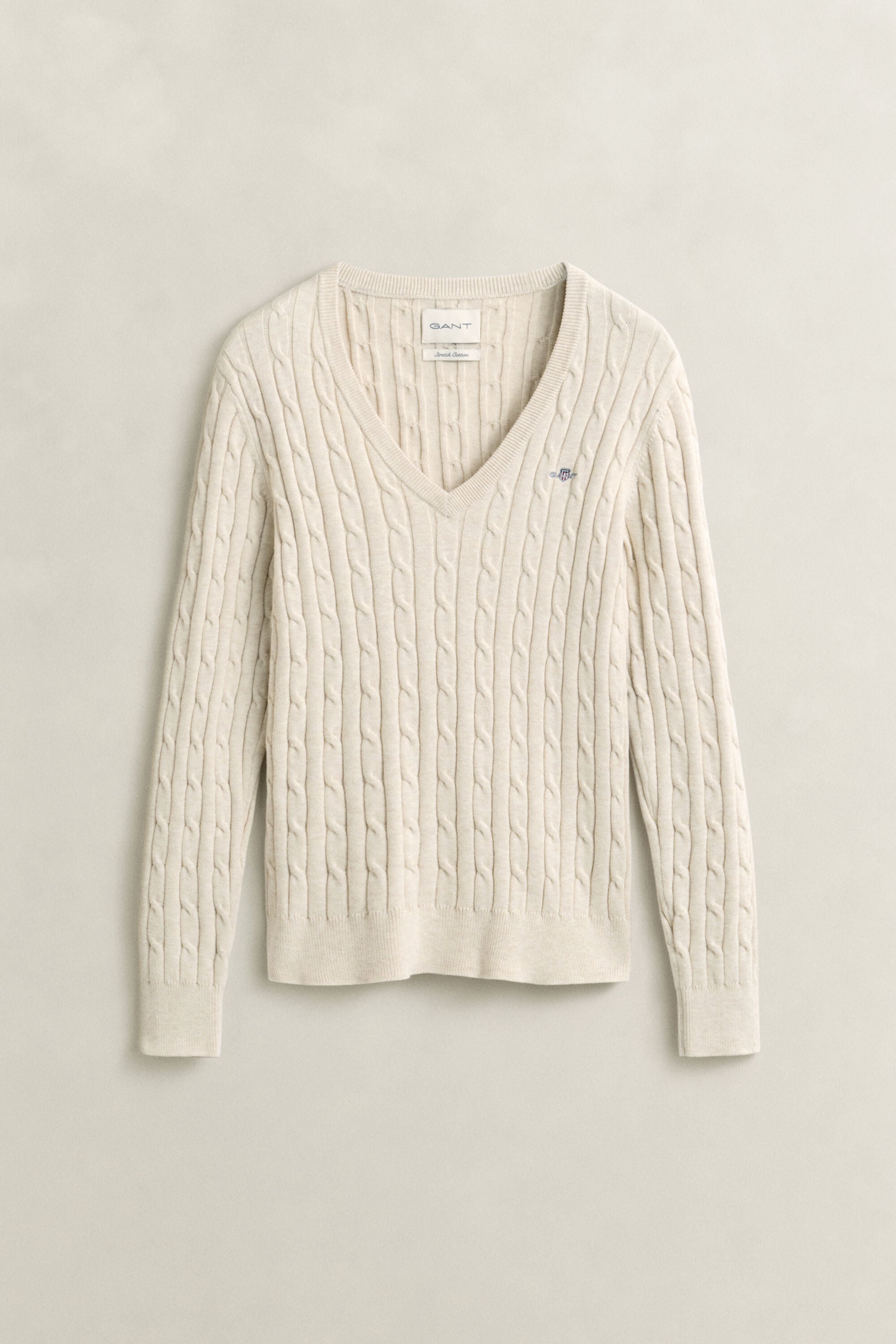 Stretch Cotton Cable Knit V-Neck Sweater
