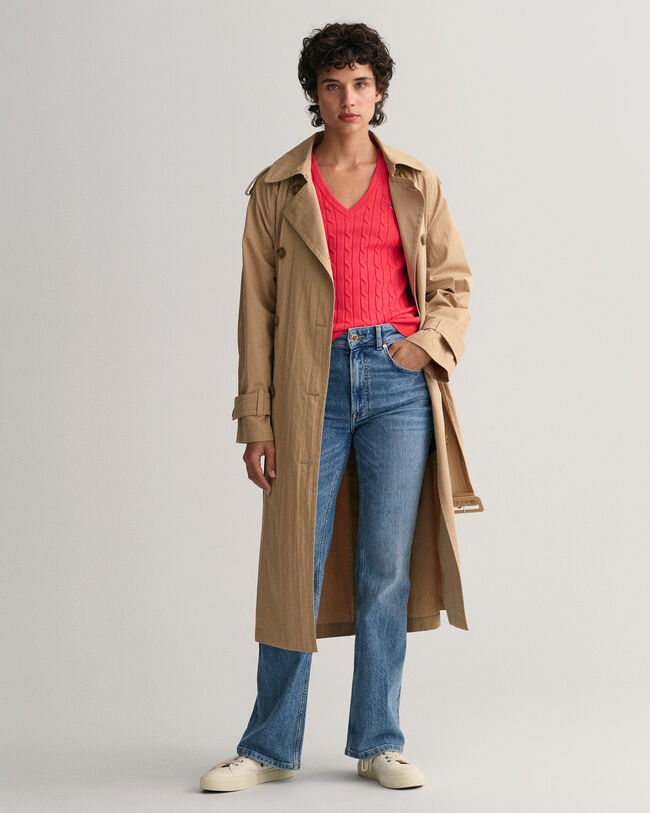 Stretch Cotton Cable Knit V-Neck Sweater