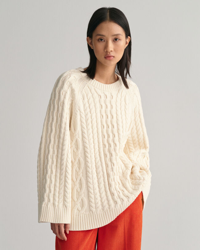 Oversized Cable Knit Crew Neck Sweater - GANT