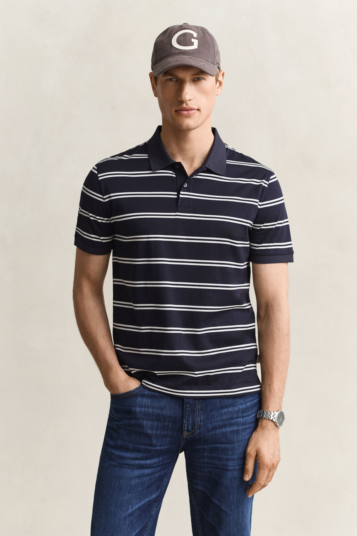 Striped Pima Cotton Polo Shirt — EVENING BLUE