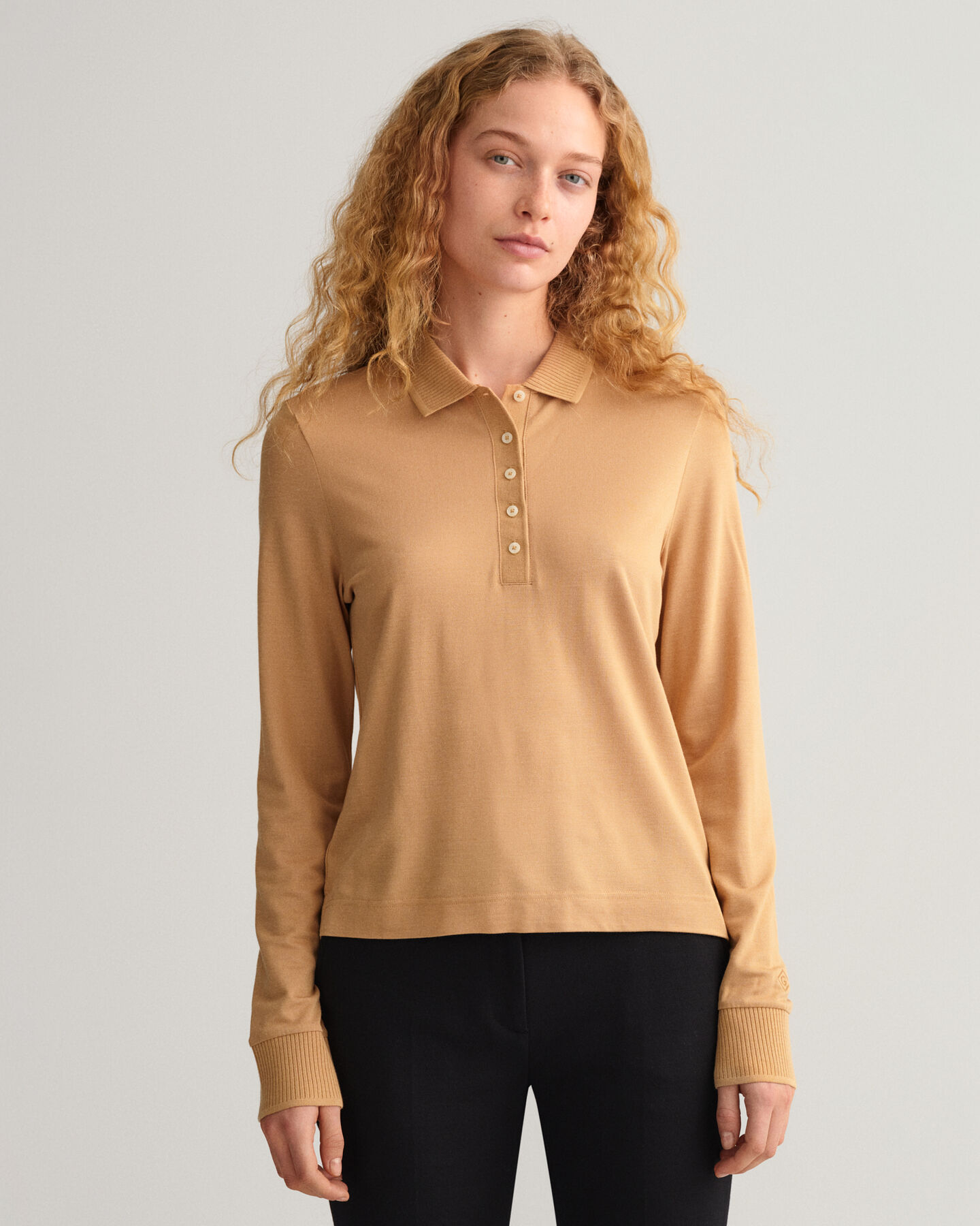 Detail Collar Long Sleeve Piqu&eacute; Polo Shirt