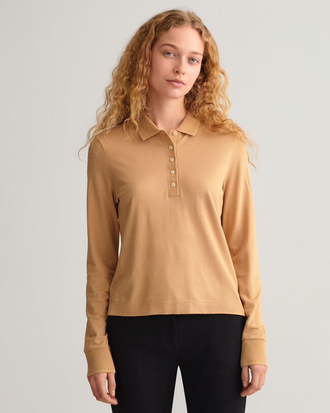 Detail Collar Long Sleeve Piqu&eacute; Polo Shirt