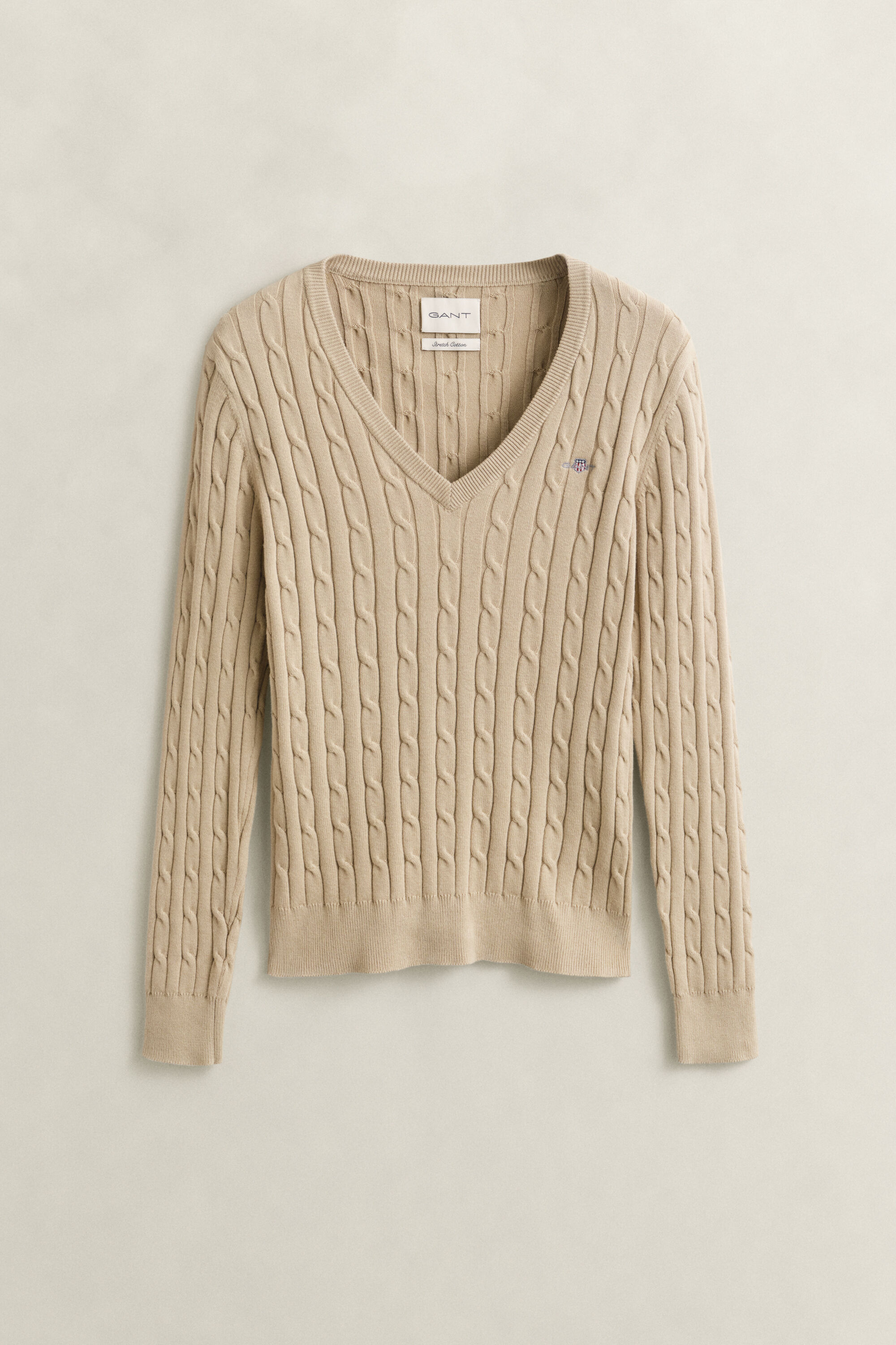 Stretch Cotton Cable Knit V-Neck Sweater